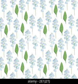 Lily-of-the-valley flower seamless pattern, watercolor illustration symbol of spring and happiness hand drawn white plants simple repeat ornament Stock Photo