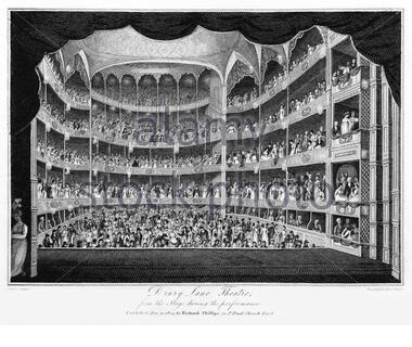 Drury Lane Theatre, London, view from inside the stage during the performance, vintage illustration from 1804 Stock Photo