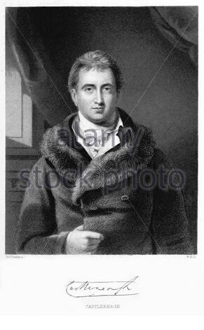 Lord Castlereagh, Robert Stewart, 2nd Marquess of Londonderry,  1769 – 1822, was an Irish/British statesman. As British Foreign Secretary, from 1812 he was central to the management of the coalition that defeated Napoleon and was the principal British diplomat at the Congress of Vienna, antique illustration from 1863 Stock Photo