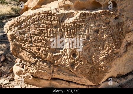 Petroglyphs, Hickison Petroglyph Recreation Site, near Hickison Summit on The Loneliest Road (Hwy 50), Great Basin Desert, near Austin, Nevada, USA Stock Photo