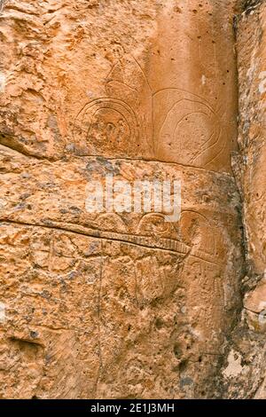 Petroglyphs, Hickison Petroglyph Recreation Site, near Hickison Summit on The Loneliest Road (Hwy 50), Great Basin Desert, near Austin, Nevada, USA Stock Photo