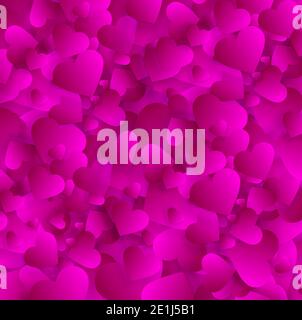 Valentines love heart background,  3d effect texture pattern with pink petals or confetti. Romantic wedding invitation card with hearts messy explosio Stock Photo