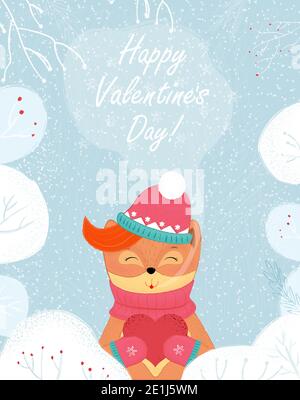 Happy Valentines Day Greeting Card Winter Fox Hold Red Heart. Kawaii Baby Fox in Scarf, Hat or Mittens Holding Love Present on Snowy Background Scandi Stock Photo