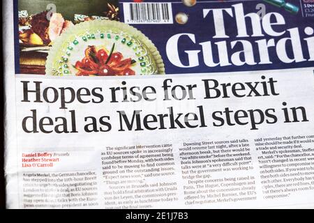'Hopes rise for Brexit deal as Merkel steps in' Guardian Brexit negotiations newspaper headline on 4 December 2020 in London England UK Stock Photo