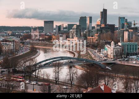 Vilnius, Lithuania - November 8, 2019:  Elevated view of the city downtown with modern office buildings in autumn. Stock Photo
