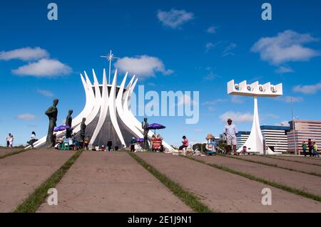 BRASILIA, BRAZIL - JUNE 7, 2015: Cathedral of Brasila. Designed by Oscar Niemeyer, it is a hyperboloid structure constructed from 16 concrete columns. Stock Photo