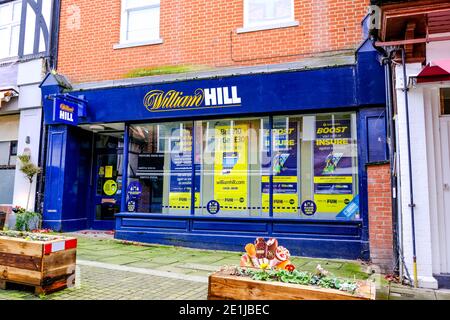 Leatherhead Surrey, London UK January 07 2021, High Street Branch Of William Hill Bookmakers Betting Shop Stock Photo