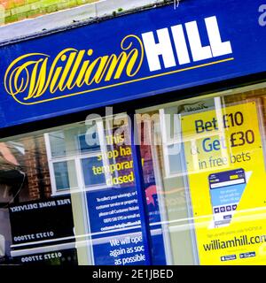 Leatherhead Surrey, London UK January 07 2021, High Street Branch Of William Hill Bookmakers Betting Shop Stock Photo