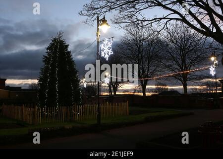 Prestwick, Ayrshire, Scotland, UK. Christmas lights around Prestwick Cross Stock Photo