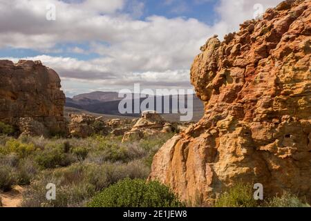 Large reddish colored, weathered, sandstone boulders in the Cederberg Mountains of South Africa Stock Photo