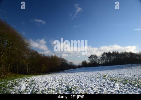 cold winters day, snow on the ground and deep blue sky with winter sunshine on rolling farmland and woods. Stock Photo