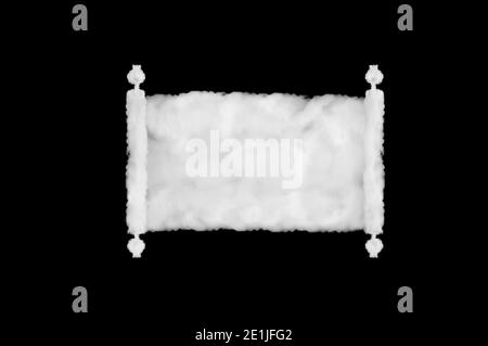opened scroll of papyrus shape of cloud on black background. Perfect for composition. Stock Photo
