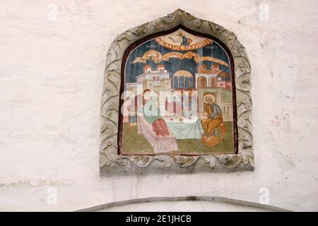 Fresco on the exterior of an Orthodox church in Romania, depicting the Birth of the Mother of Jesus Christ (Nativity of the Theotokos) Stock Photo