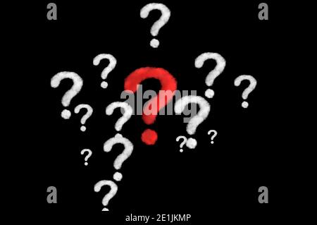 Unique red question mark shape of cloud among many clouds on black background . Standing out from crowd and different. Concept idea or problem. Perfec Stock Photo