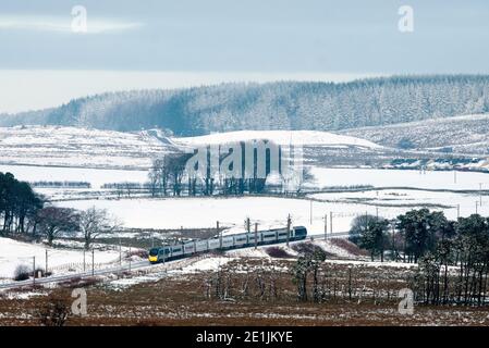 Avanti West Coast Class 390 Penolinos train traveling southbound though South Lanarkshire, Scotland, UK. Stock Photo