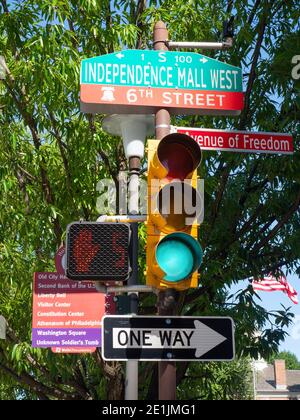 A traffic light with signposts attached. Stock Photo