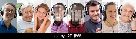 Casual People Listening Music On Headphones Collage Stock Photo