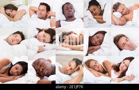 Diverse People Sleeping In Bed Photo Collage Stock Photo