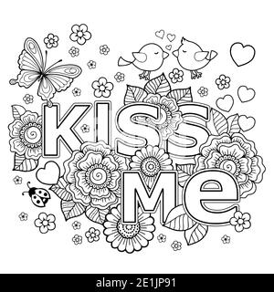 Vector coloring book for Adult. Design for wedding invitations and Valentine's Day of abstract flowers, hearts, envelope, arrow, heart, bird, kiss, bu Stock Photo