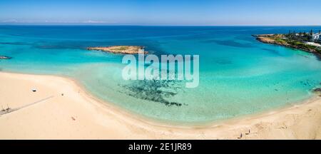 Aerial panoramic coastal view of Fig Tree Beach - a popular tourist attraction in Ayia Napa, Cyprus Stock Photo