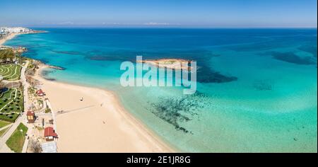 Aerial panoramic coastal view of Fig Tree Beach - a popular tourist attraction in Ayia Napa, Cyprus Stock Photo