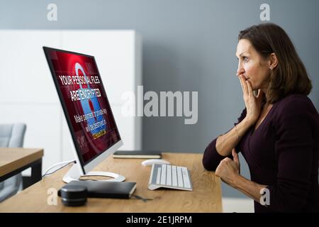 Ransomware Cyber Attack Hacker Text. Security Breach Stock Photo