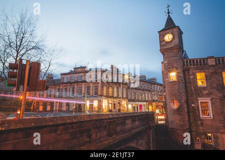 Edinburgh, Scotland - January 28 2016: An evening streetscape of the Stockbridge neighbourhood in newtown Edinburgh, Scotland. Stock Photo