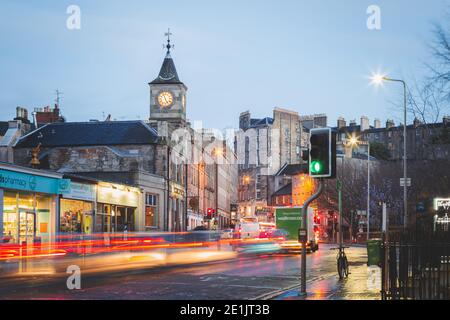 Edinburgh, Scotland - January 28 2016: An evening streetscape of the Stockbridge neighbourhood in newtown Edinburgh, Scotland. Stock Photo
