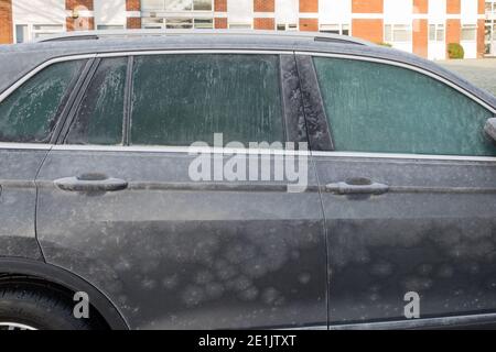 Frozen car window in cold weather spell Stock Photo