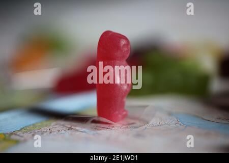 Jelly Babies on Ordnance Survey Map Stock Photo