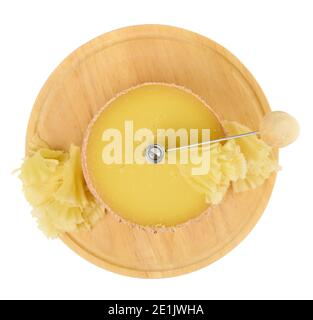 https://l450v.alamy.com/450v/2e1jwha/head-of-tete-de-moine-cheese-on-the-girolle-isolated-on-a-white-background-shallow-depth-of-sharpness-2e1jwha.jpg