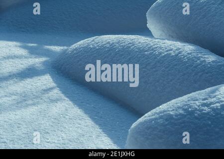Smooth snow drifts on sunny winter day. Deep and high snow drifts illuminated by sunlight and being in shadow Stock Photo