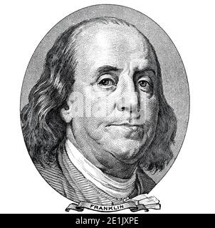 Benjamin Franklin cut on old 100 dollars banknote isolated on white ...