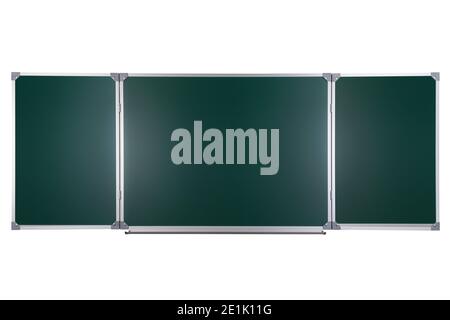 Green chalkboard in aluminum frame isolated on white background. Background for school. Stock Photo