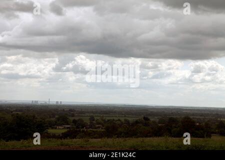 The now demolished cooling towers of Didcot Power Station, nestled amongst the Oxfordshire fields, as seen from Folly Hill in Faringdon in May 2011 Stock Photo