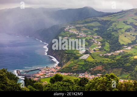 Beautiful nature view on Azores with small villages, tows, green nature fields. Amazing Azores. Ponta da Madragada viewpoint near Agua Retorta on Sao Stock Photo