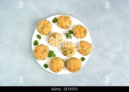 Homemade buns with fresh herbs and cheese. Top view with copy space Stock Photo