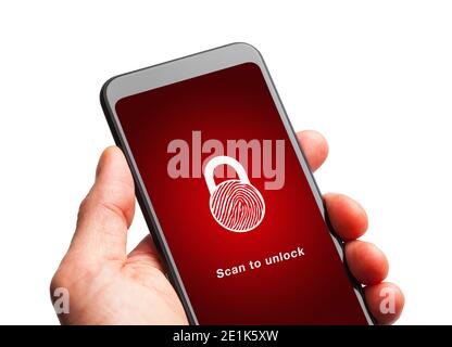 Hand Holding Smart Phone with Finger Print Scan to Unlock. Stock Photo