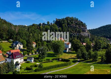 Panoramic view of Mount Oybin and the ruins of the monastery church and the castle, Germany. Stock Photo