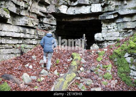 Geologist in Nettler Dale at the site of the historic Ashford Black Marble Mine Stock Photo