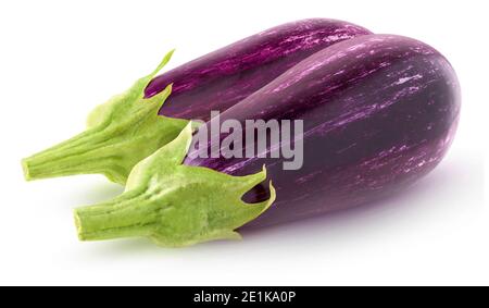 Isolated aubergines. Two raw purple eggplants isolated on white background Stock Photo