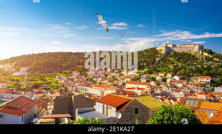 The Fortica fortress (Spanish Fort or Spanjola Fortres) on the Hvar island in Croatia. Ancient fortress on Hvar island over town (citadel), popular to Stock Photo