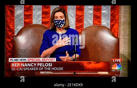An NBC television screenshot of Speaker of the House Nancy Pelosi speaking during a joint session of Congress to ratify the 2020 President election. Stock Photo