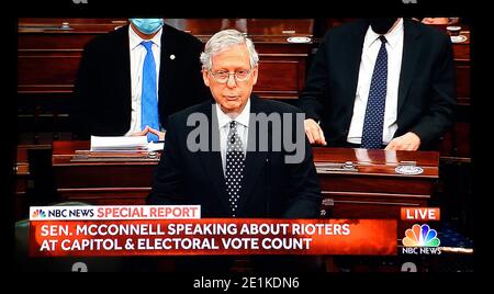 An NBC TV screenshot of Republican U.S. Senator Mitch McConnell speaking during a joint session of Congress to ratify the 2020 President election. Stock Photo