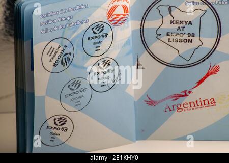 Expo98 Lisbon Portugal, passport stamps from countries in the exposition Stock Photo