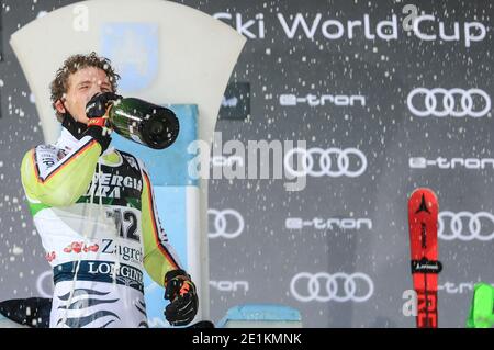 (210108) -- BEIJING, Jan. 8, 2021 (Xinhua) -- First-placed Linus Strasser of Germany celebrates on the podium after winning the FIS Alpine Ski Men's World Cup Slalom in Zagreb, Croatia, Jan. 6, 2021. (Slavko Midzor/Pixsell via Xinhua) Stock Photo