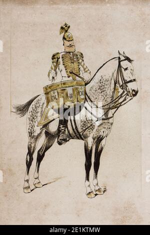 The 19th century colored etchings of a mounted cuirassier kettle drummer, 19th c., Stock Photo