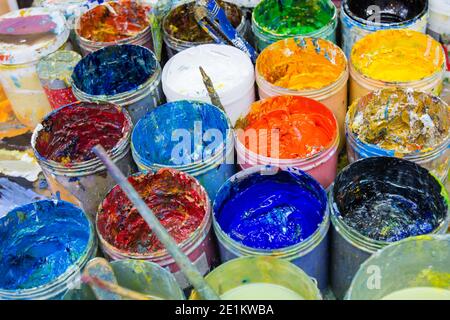 Colorful pigments in barrels for artist of  oil painting Stock Photo