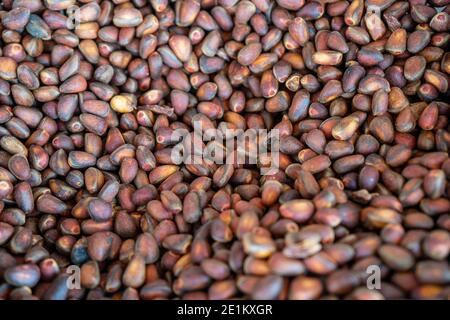 Natural background with pine nuts close up. Stock Photo