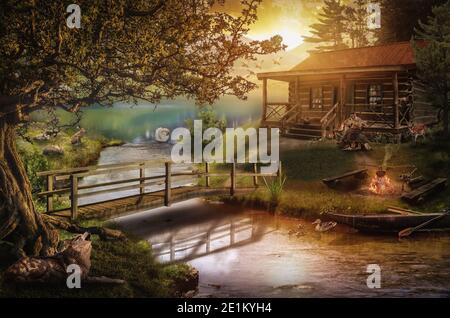 old wooden house by the stream on a summer evening Stock Photo